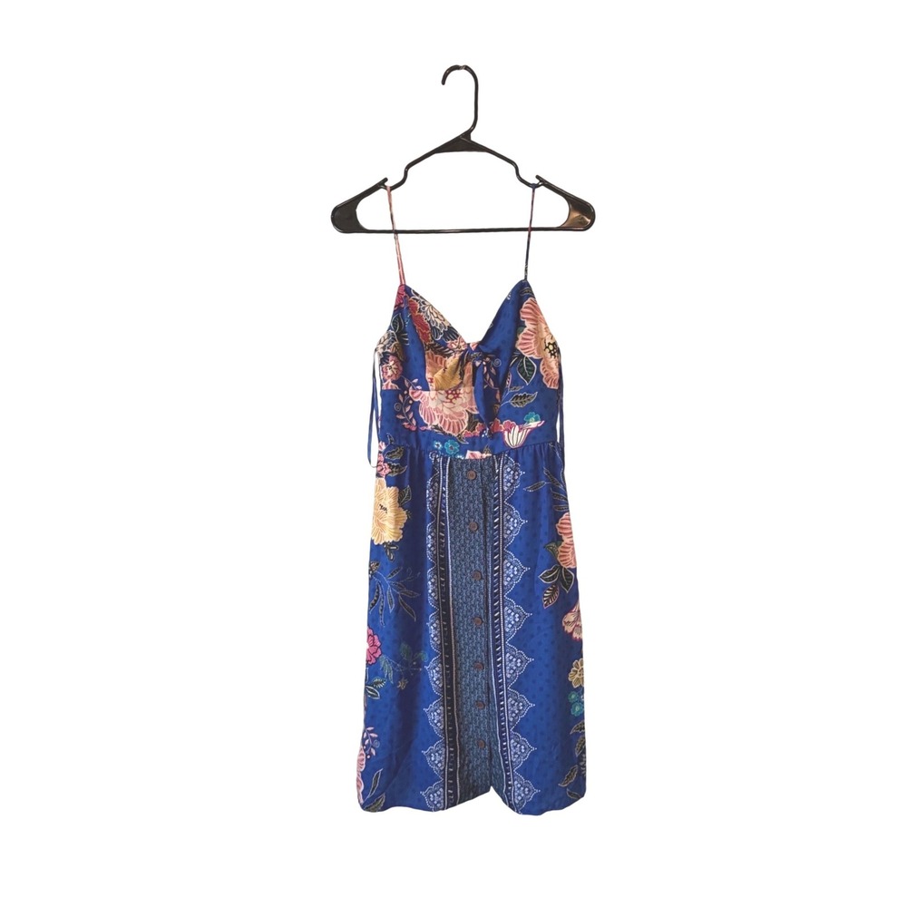 Jodi Kristopher Blue Floral Tie Front Button Down Midi Sundress XS Boho Summer